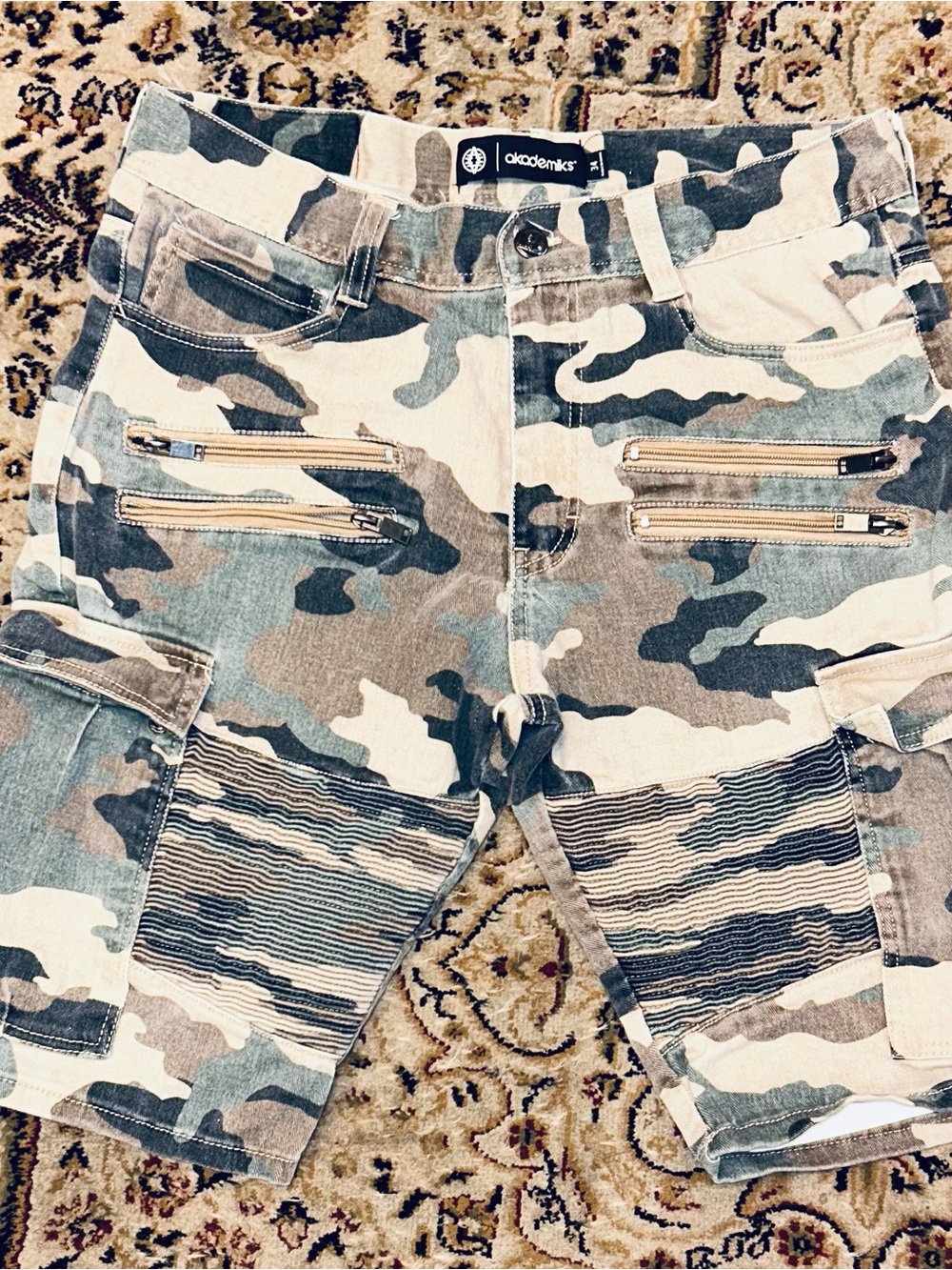 Akademiks Men’s Camo Moto Cargo Shorts Cotton Denim Zipper Pockets Biker Size 34